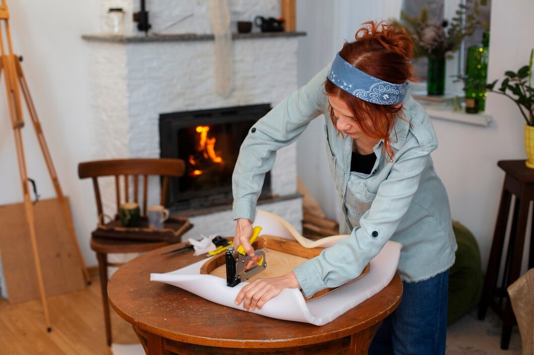 A woman is cutting paper on a table, focused on her task with scissors in hand and sheets of paper spread out