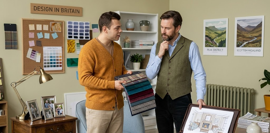 Two designers discussing fabric swatches in a British-themed office setting with landscape art on the wall